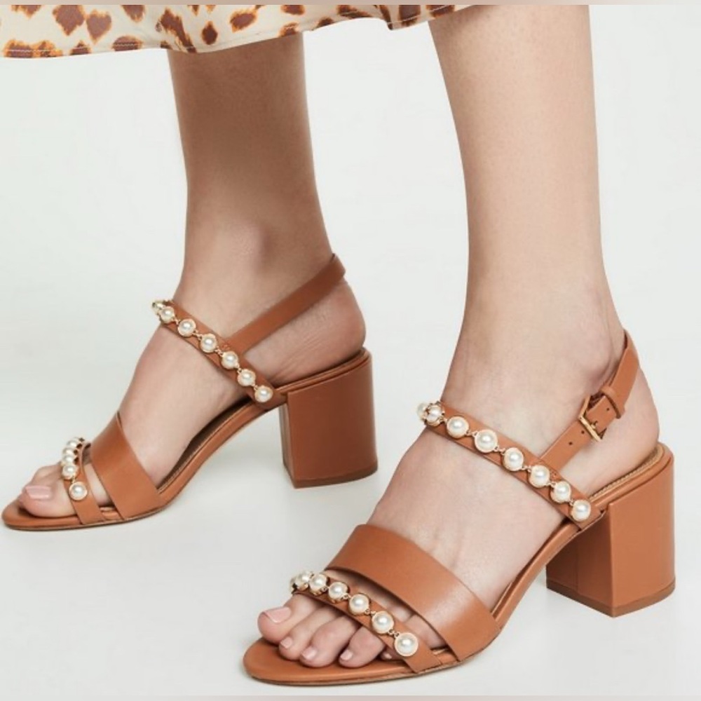 Tory Burch Brown Leather Emmy Pearl Ankle Strap Sandals 10M
